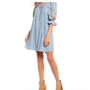 Chelsea and Violet Embroidered Floral Chambray Cotton Shirt Dress NWT